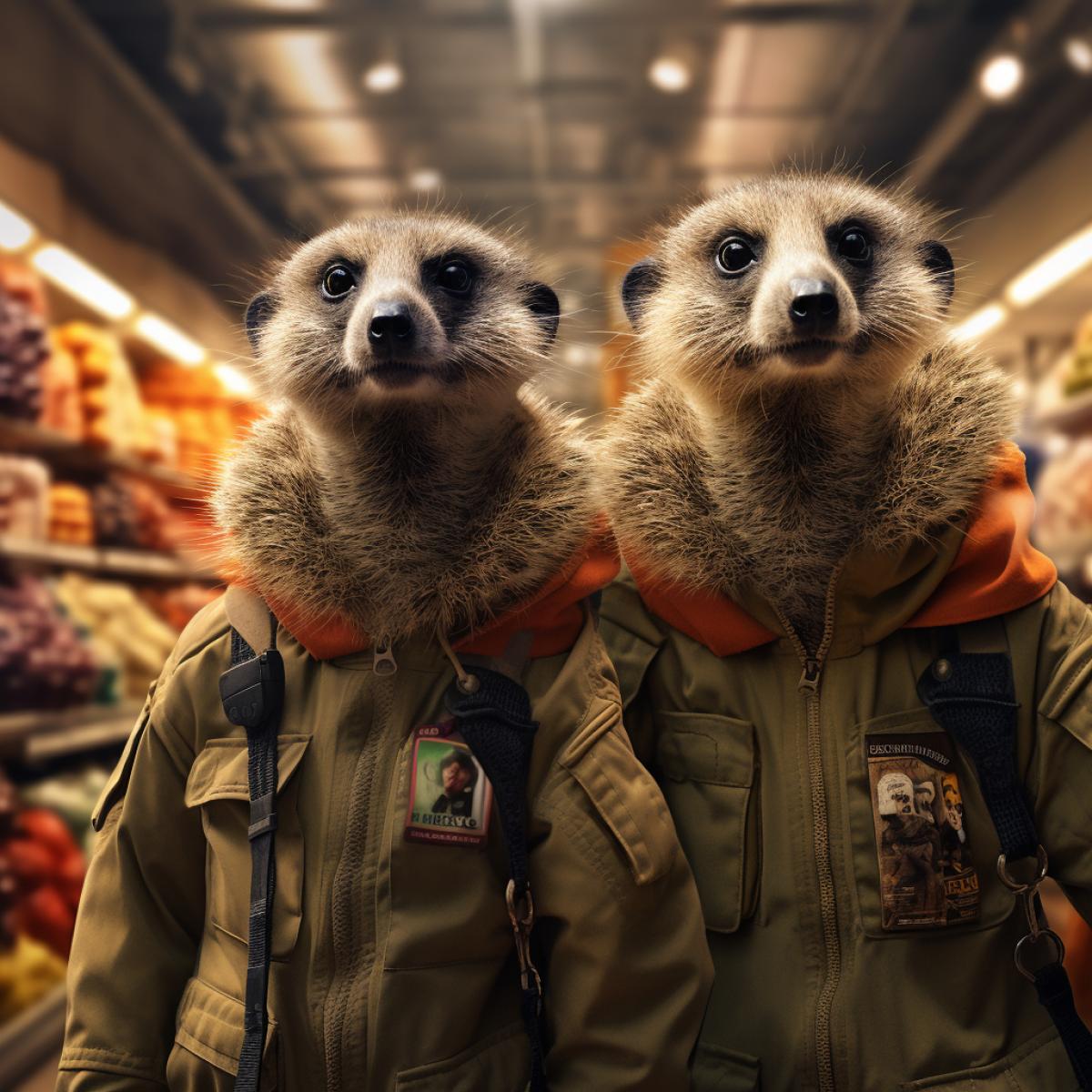 two brave and dangerous meerkats in a military uniform, full body view of meerkats, Shopping mall backgraund, macro lens, award winning natur photography, 8k, hyper detailed, anthropomorphic animal, hyper realistic, use fully detailed photographic prints with deep rich colors