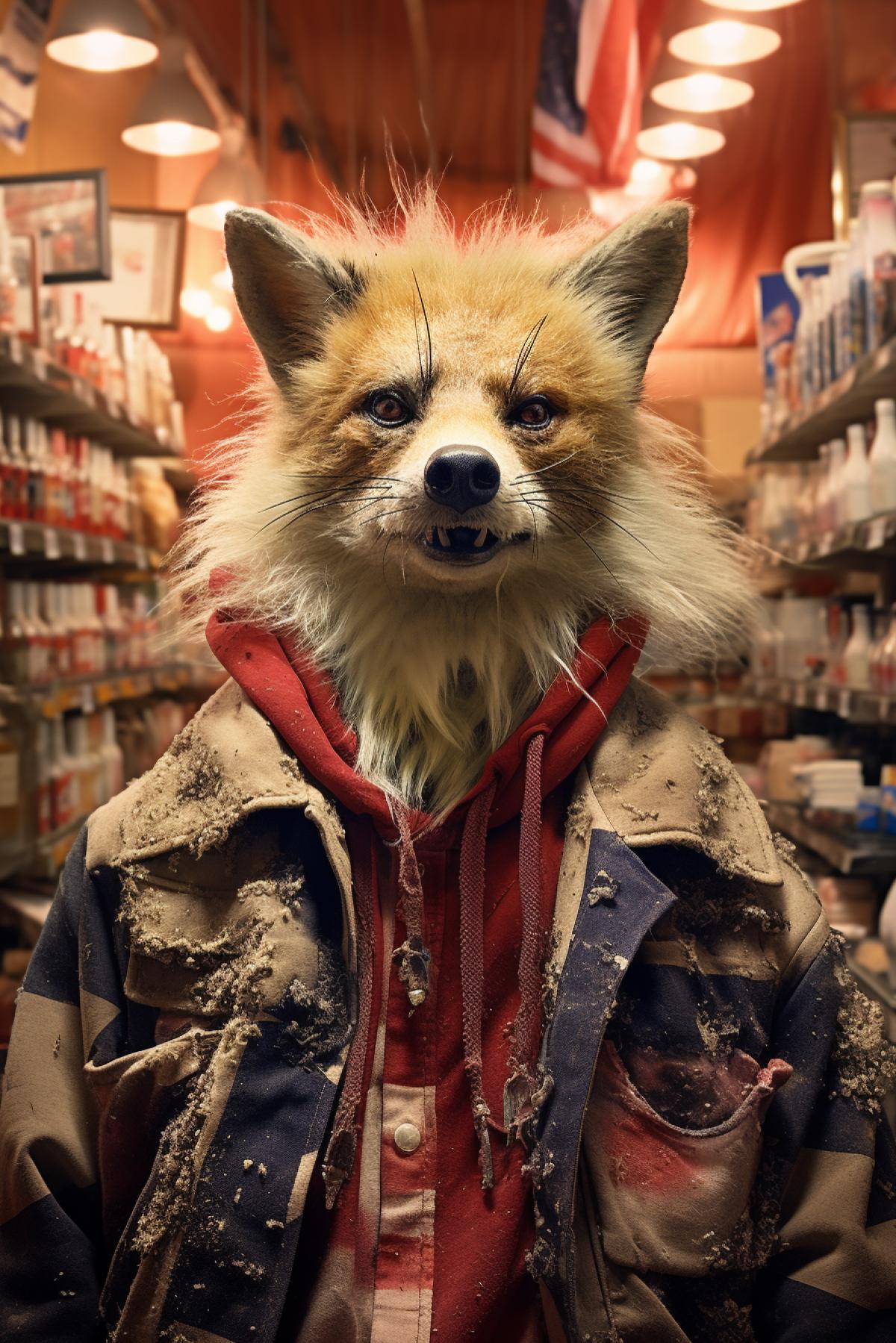 The Crack Fox from The Mighty Boosh, messy fur, American flag headband, dirty baggy red jacket, supermarket background, creepy dirty man anthropomorphic fox man, teeth, highly detailed, high resolution