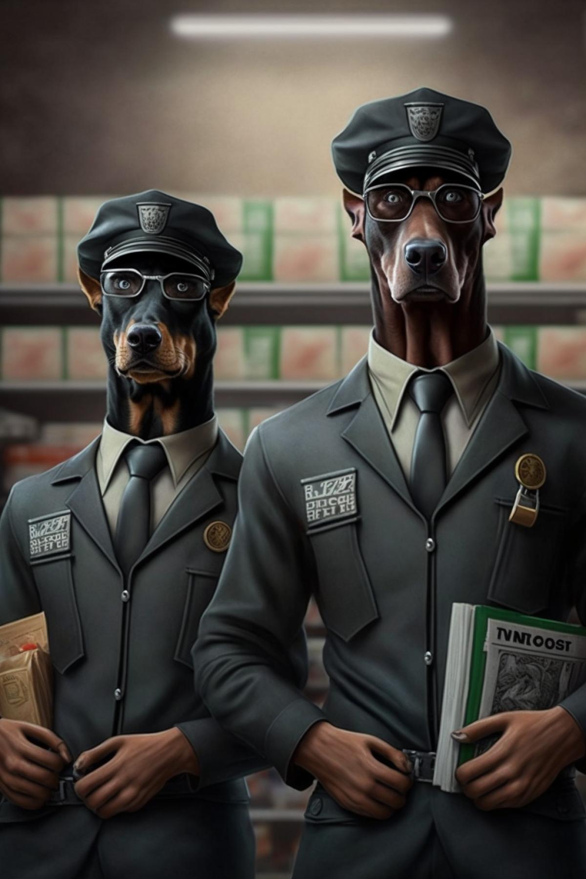 two anthropomorphic Dobermans in uniform and dark glasses, store security, shelves with goods in the background, high detail, cinematic