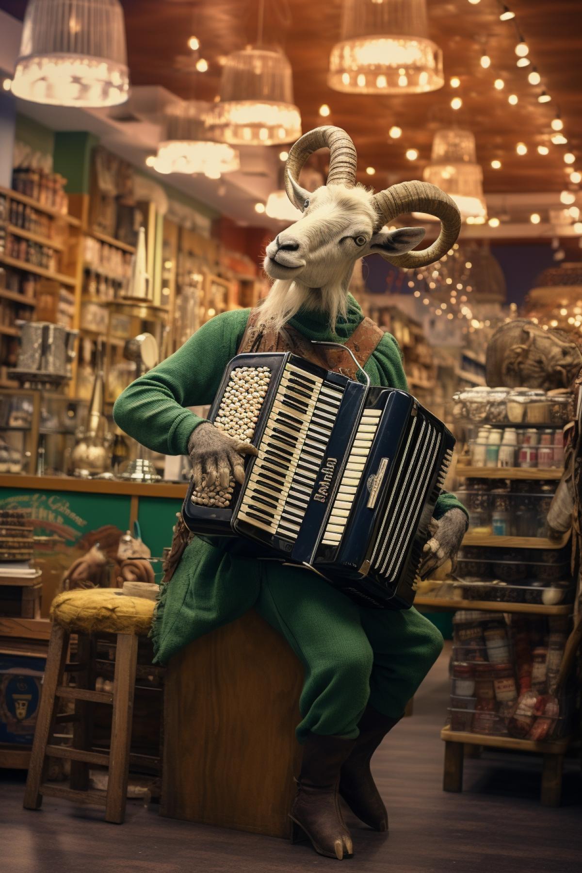 Anthropomorphic goat playing accordion in mall music store, white balance, high definition