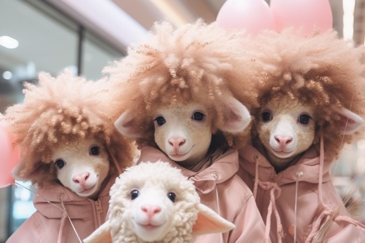 Three anthropomorphic cute curly little sheep teenagers with happy facial expressions, dressed in anime style, holding balloons and cotton candy in a shopping mall, fantasy, photorealism, 4K