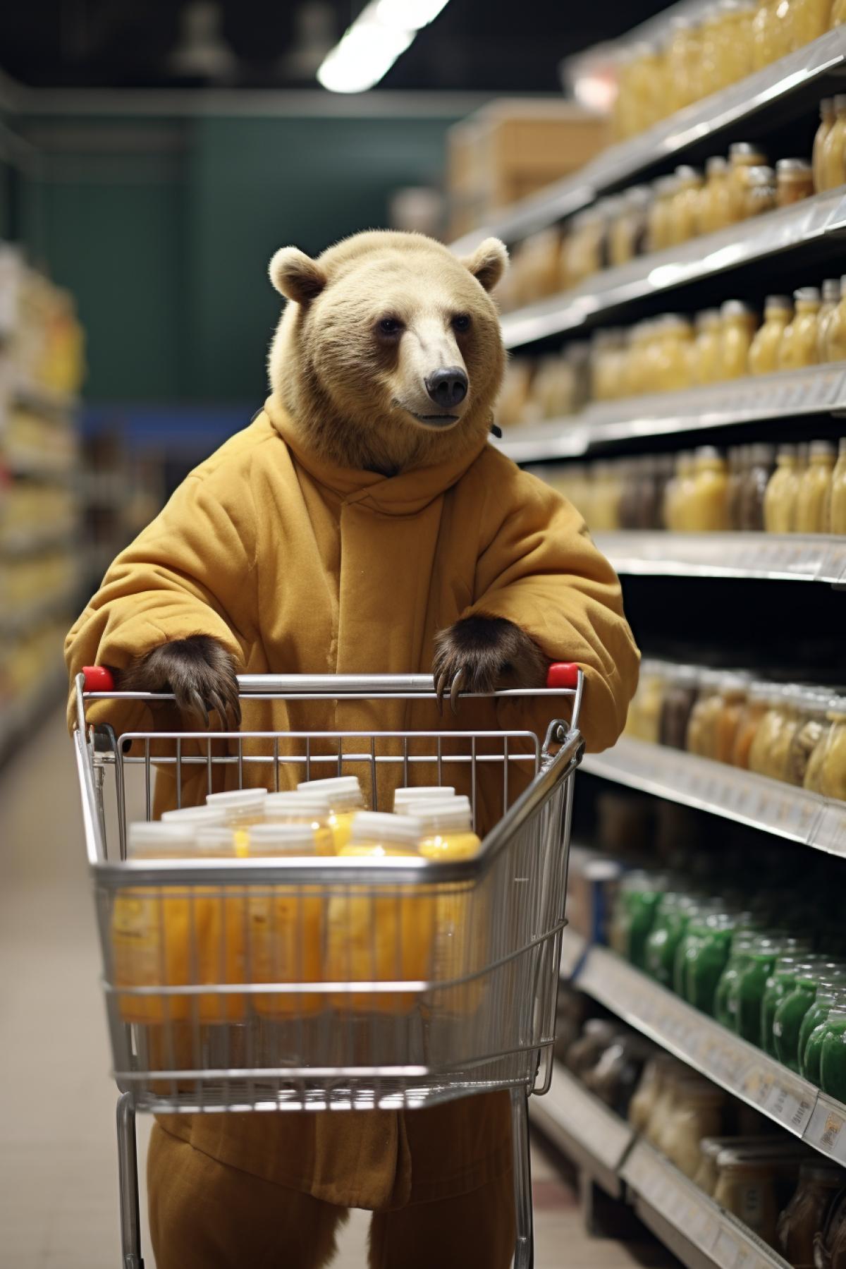 A bear cub rolling a cart full of honey in a supermarket, side view, full-length figure, anthropomorphic, Nicon camera