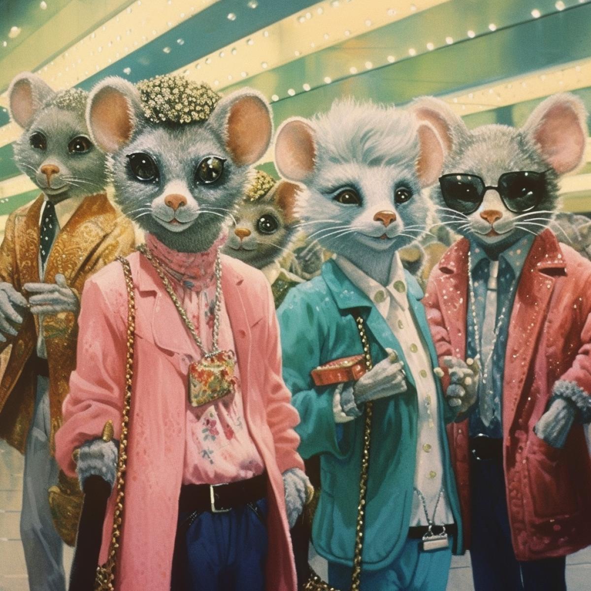 Anthropomorphic animals, shopping mall, fashion, 1980 style, jeans, sparkles, rhinestones, fashionable hairstyles, funny characters chaos