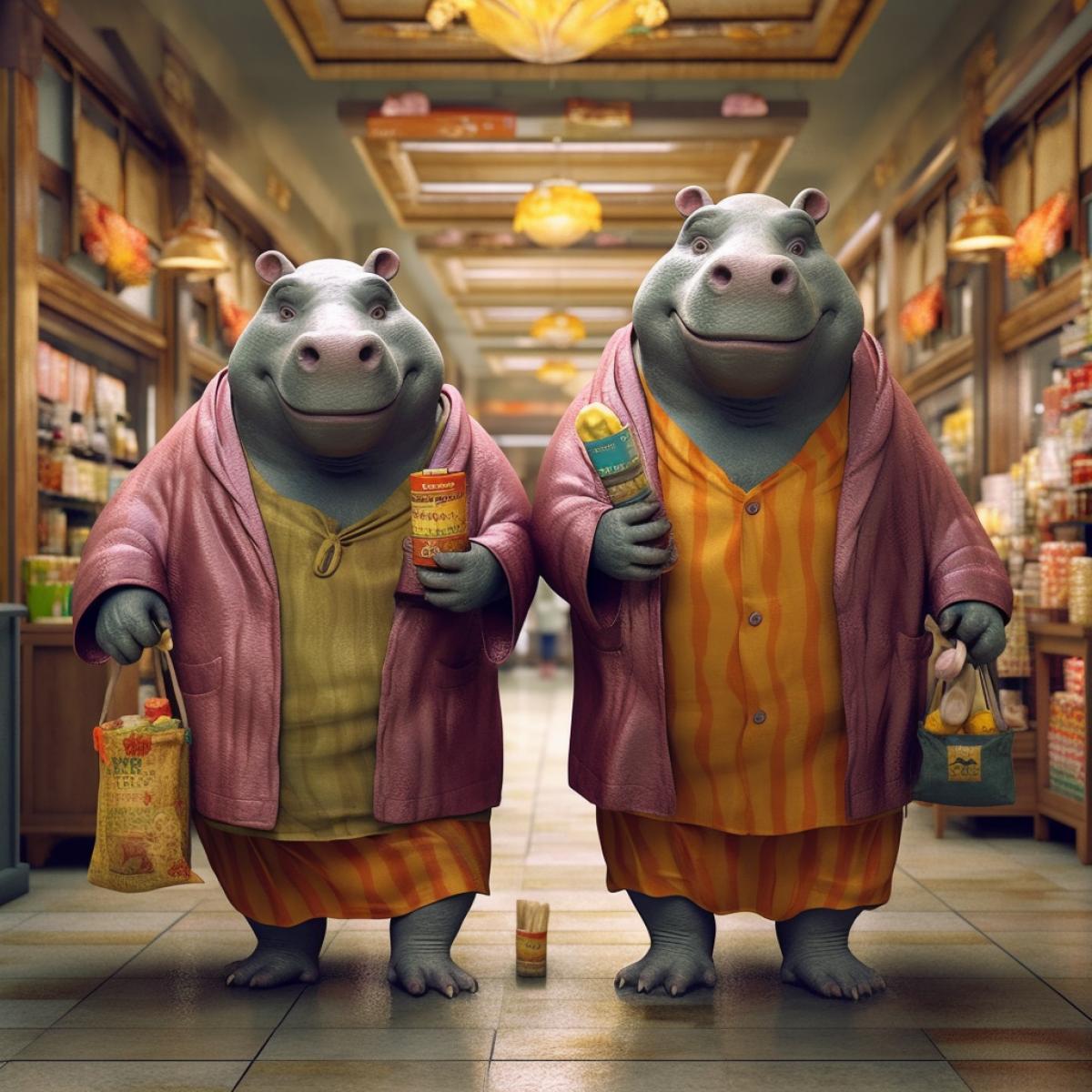 two Buddhist hippos in a shopping center go to the cinema, conversation, conversation, love, goodness, happiness