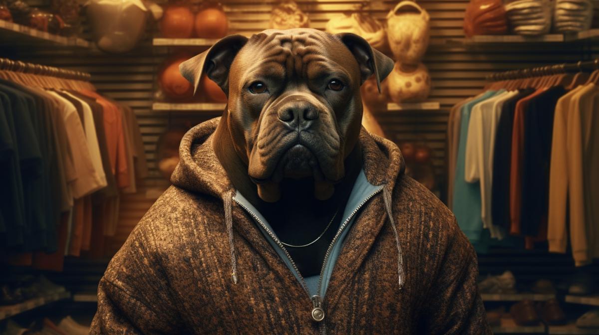 cane corso dog, in the style of street style realism, realistic renderings of the human form, light brown and dark dark, celebrity-portraits, cryptidcore, hurufiyya, buys clothes at the supermarket , funny, humor, sun lightning, Studio lighting
