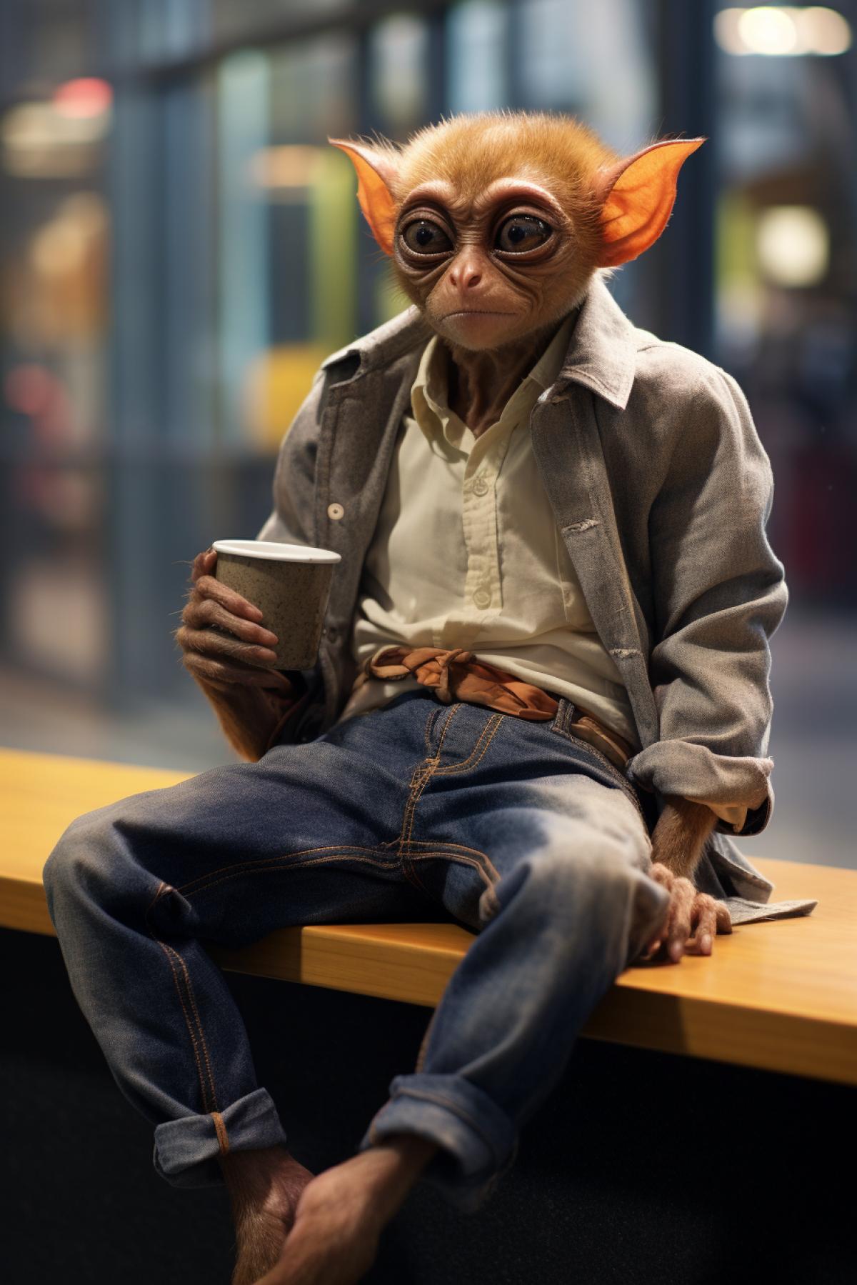 Anthropomorphic tarsier in fitted shirt and skinny jeans sits on a bench in a shopping center, ceiling light, rich lighting, heavy weight photo