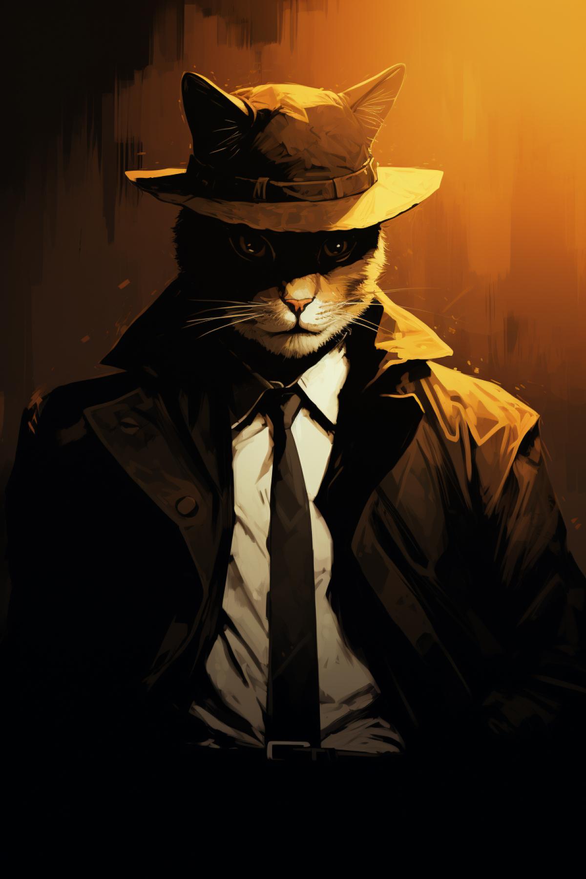 Detective cat, located in the detectives office, dressed in a detectives business suit, comic drawing, noir style of the 1940s, interior drawing