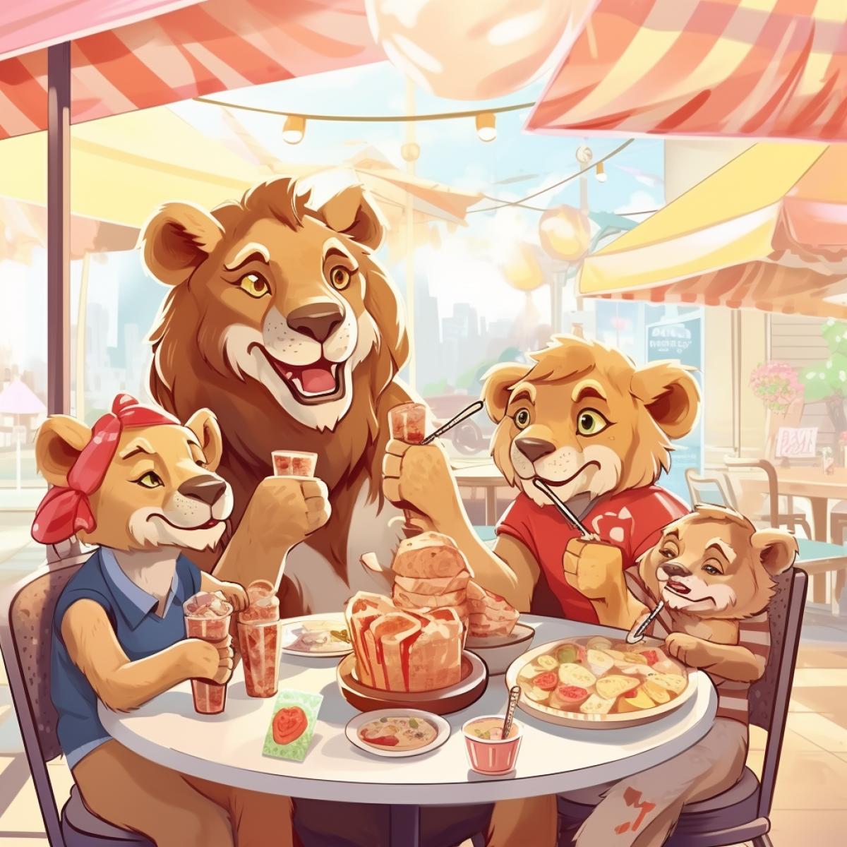 friendly family of anthropomorphic lions sitting at a cafe table in a shopping mall, lion cubs eating ice cream, daddy lion and mommy lioness eating pizza, holiday, happiness, love, joy