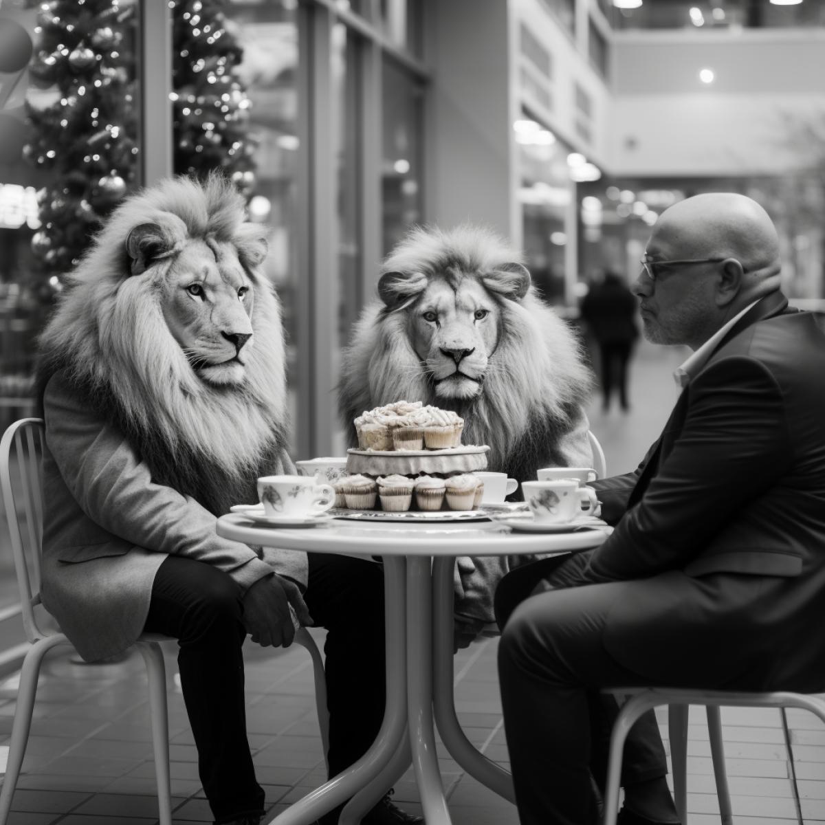 photo, friendly family of anthropomorphic lions sitting at a cafe table in a shopping mall, lion cubs eating ice cream, daddy lion and mommy lioness eating pizza, holiday, happiness, love, joy