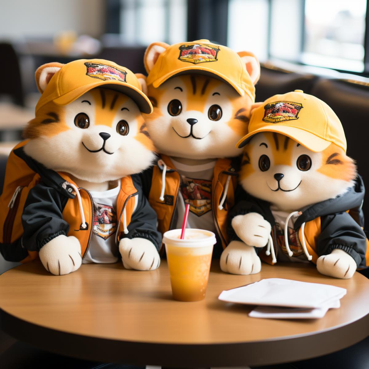 photo, friendly family of anthropomorphic lions sitting at a cafe table in a shopping mall, lion cubs eating ice cream, daddy lion and mommy lioness eating pizza, holiday, happiness, love, joy