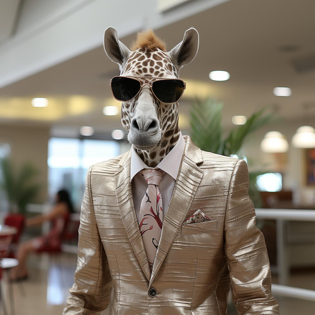 anthropomorphic horse in a coat walks through a shopping center