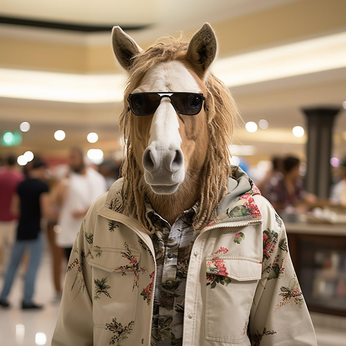 anthropomorphic horse in a coat walks through a shopping center