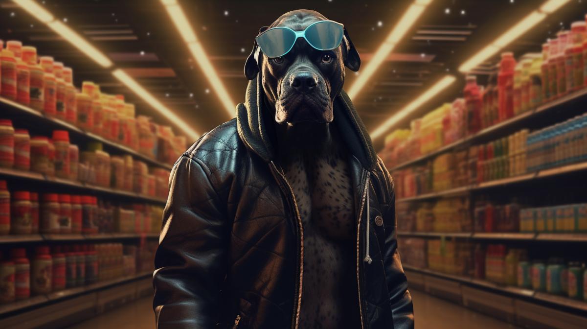 cane corso dog, in the style of street style realism, realistic renderings of the human form, light brown and dark dark, celebrity-portraits, cryptidcore, hurufiyya, buys clothes at the supermarket , funny, humor, sun lightning, Studio lighting