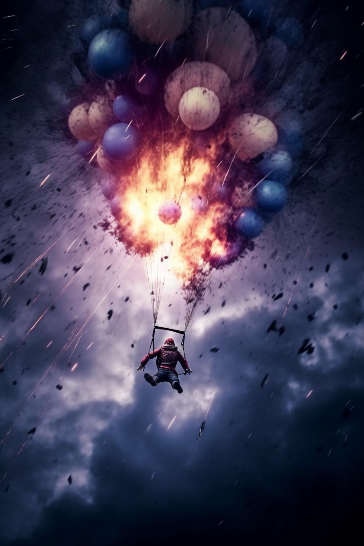 A desperate skydiver flies on a parachute amidst violent hallucinations. Crazy face.