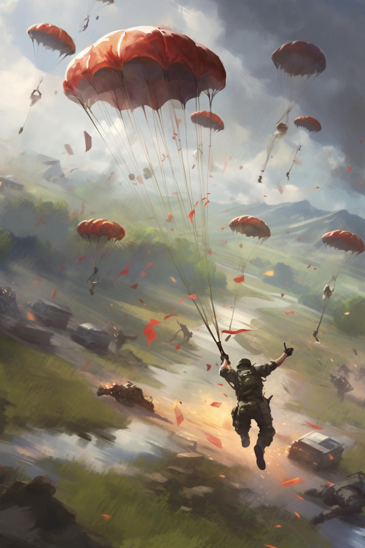 A desperate skydiver flies on a parachute amidst violent hallucinations. Crazy face.