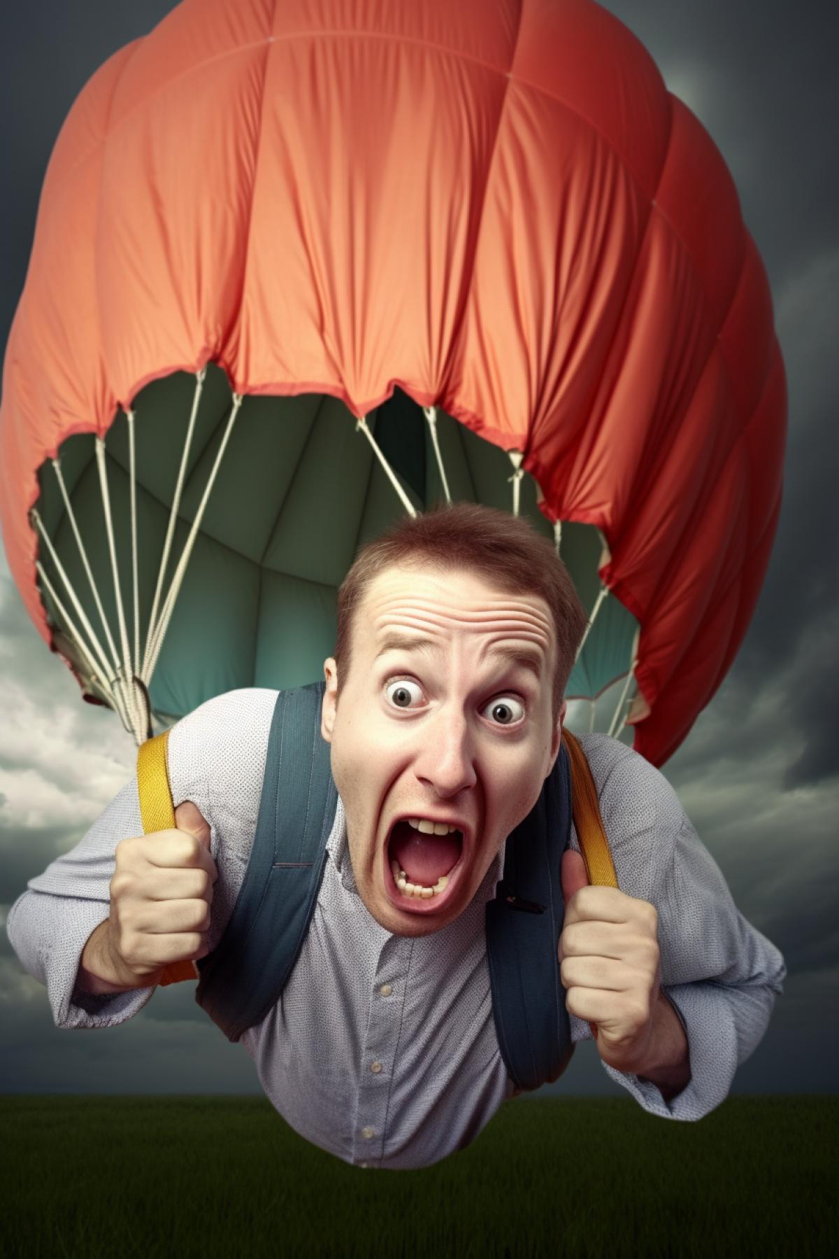 A desperate skydiver flies on a parachute amidst violent hallucinations. Crazy face.