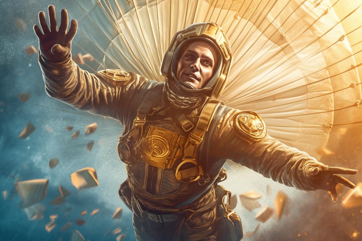 Shocked skydiver flies on a parachute in the skies in steampunk style