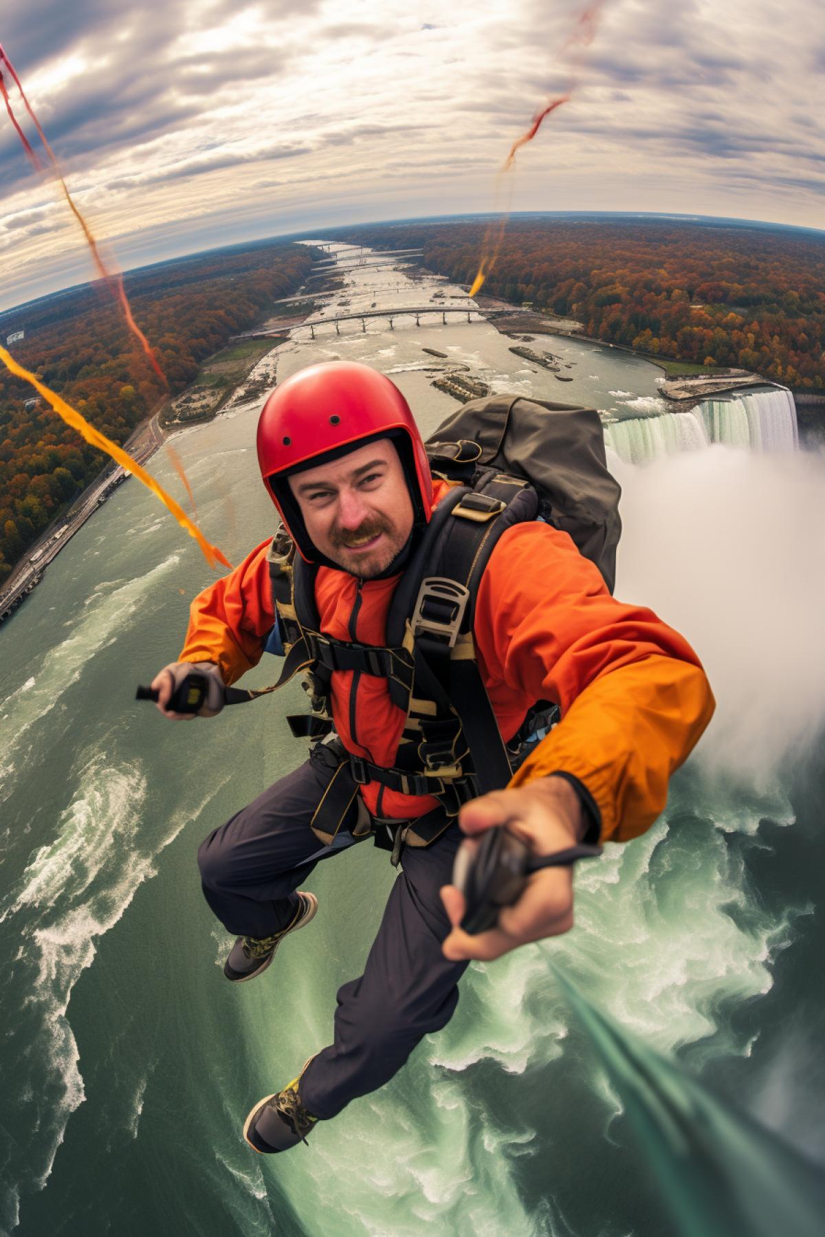 panoramic view wide angle, a parachuting man viewing Niagara Falls from 200 feet high, epic, hyper details, rich colors, photograph