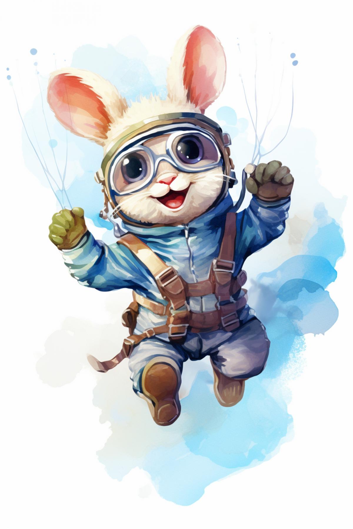 Drawing of a cute bunny skydiving with parachute with goggles and helmet , watercolor style