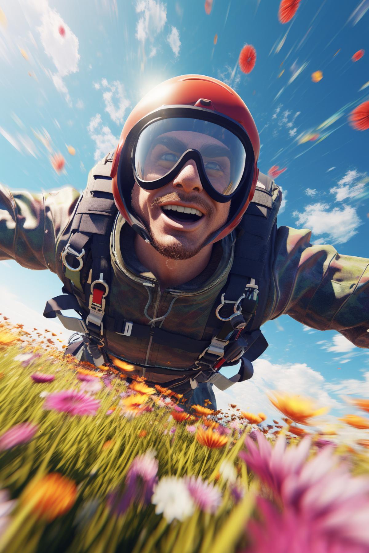photorealistic portrait of Parachutist skydiving above a field of flowers, paws , hyperdetailed, parachute, featured on artstation, 8k, gopro footage , selfie, 8k, cinematic photography, fisheye