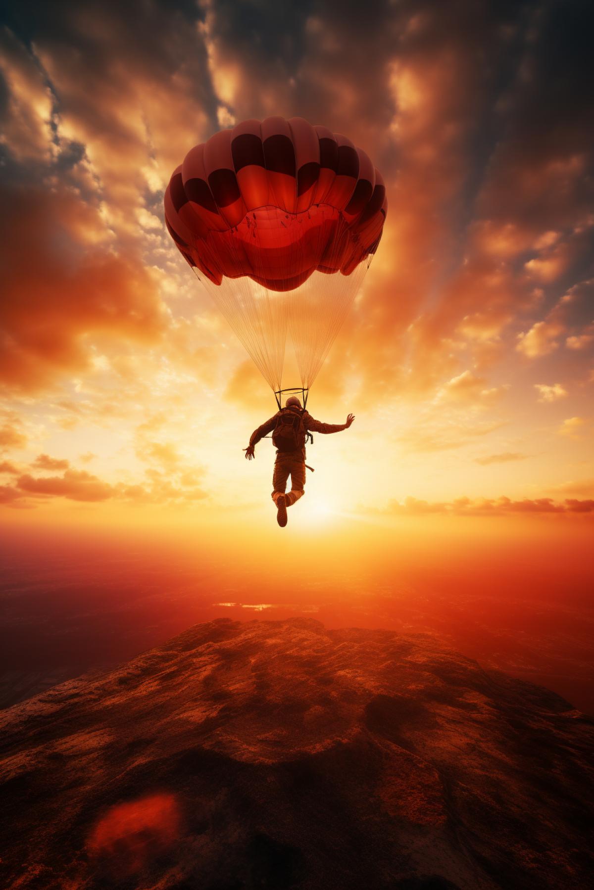 silhouette of man jumping with parachute in air during sunset, in the style of canon ts-e 17mm f/4l tilt-shift, orange and crimson, tokina at-x 11-16mm f/2.8 pro dx ii, surreal dreamscapes, transcendentalist themes, samyang af 14mm f/2.8 rf, aerial photography