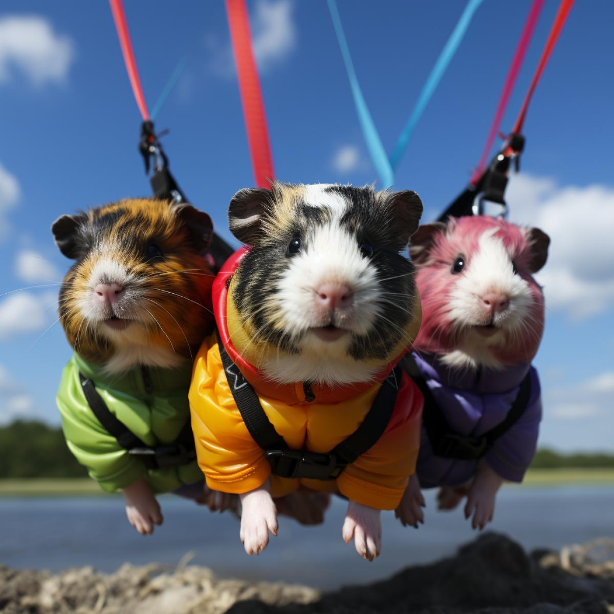 Realistic photo, Three little pigs parachute, below is a beautiful bucolic landscape, above is a white parachute, blue sky with white light clouds, joy, delight, happiness, interest, curiosity
