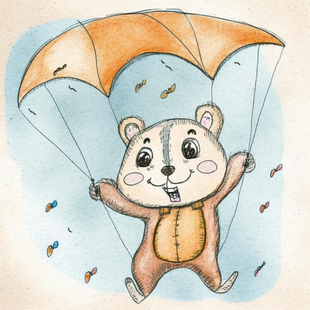 Childrens drawing with colored pencils: A flying squirrel with its paws outstretched and a parachute above its head