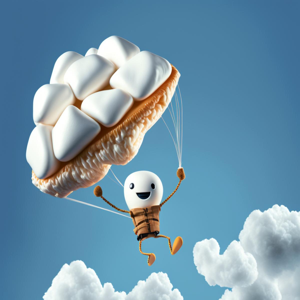 Marshmallow person flying with caramel parachute