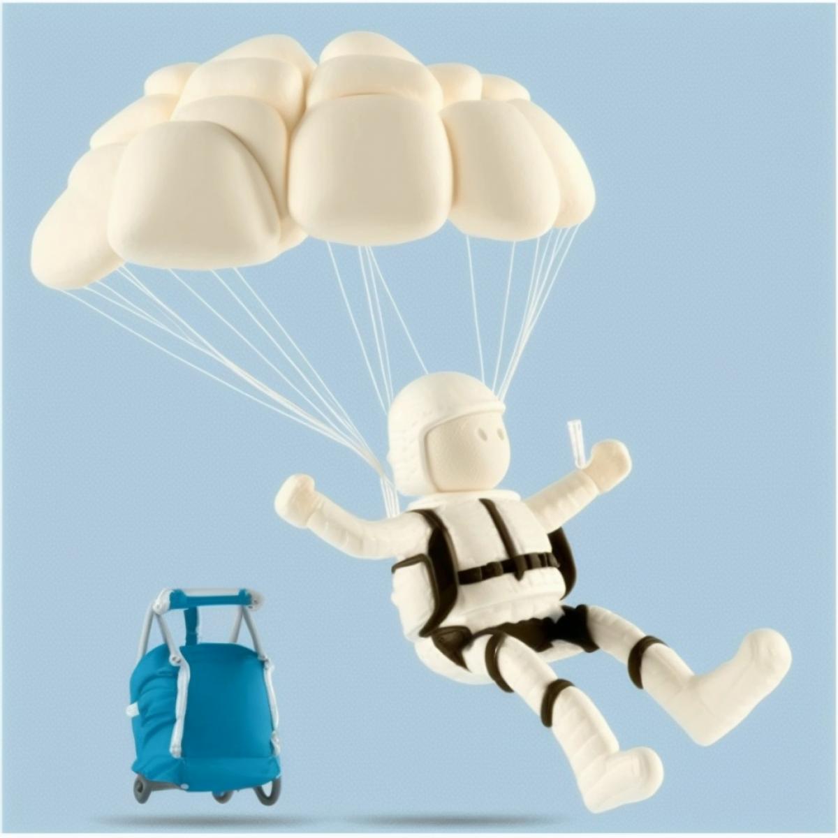 Marshmallow person flying with caramel parachute