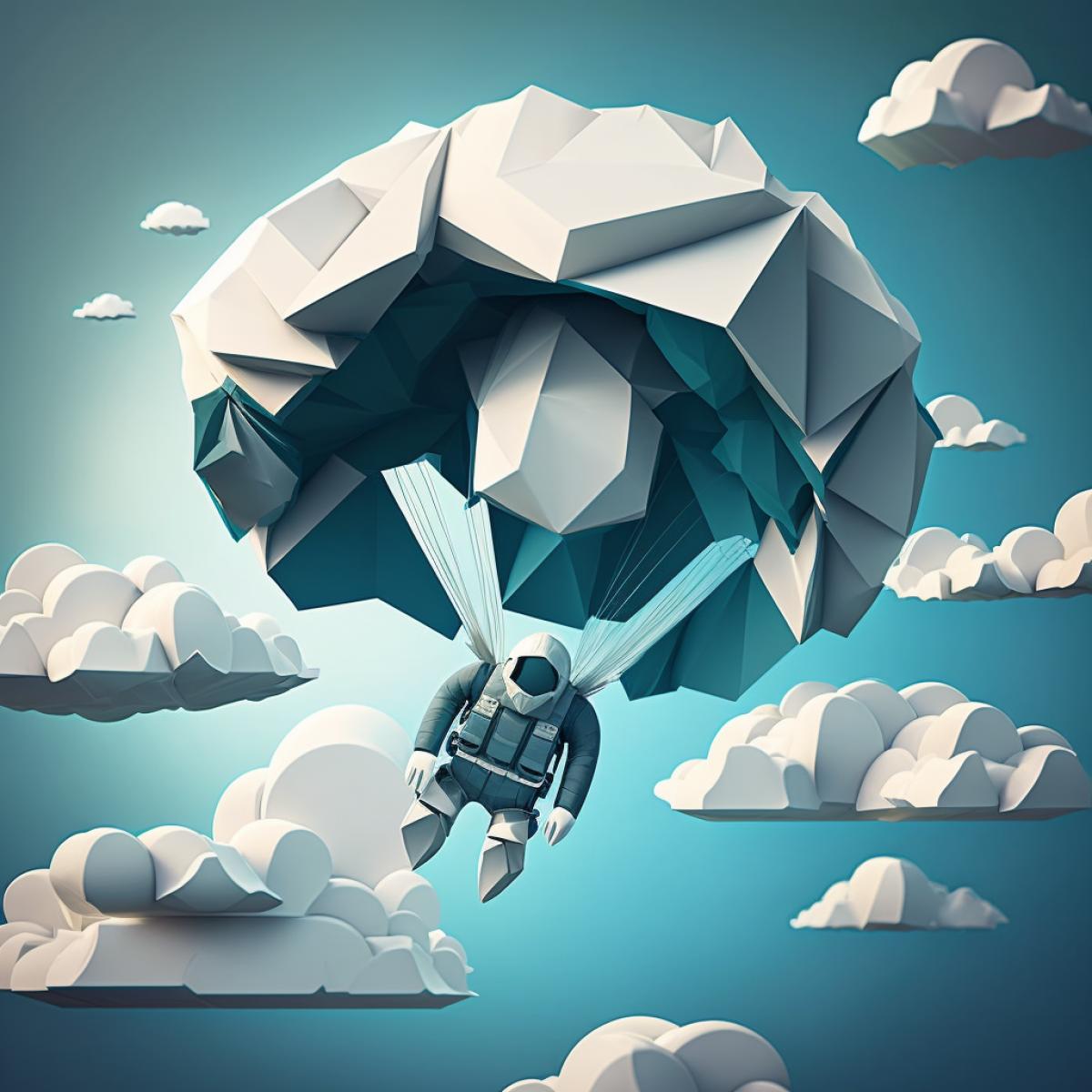 Origami parachute jumper in the blue sky under the clouds