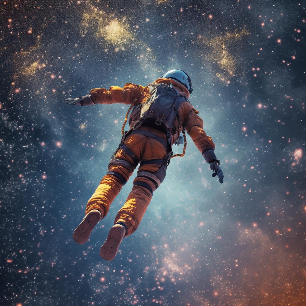 skydiver with a magnifying glexamines the ground, fall, freedom, height. starry sky