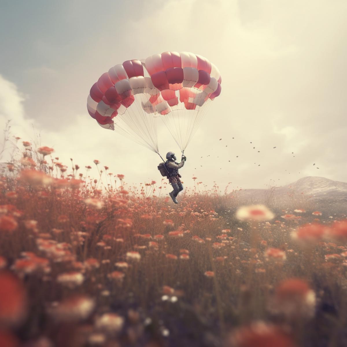 parachutist exploring the area Free fall field with flowersDawn