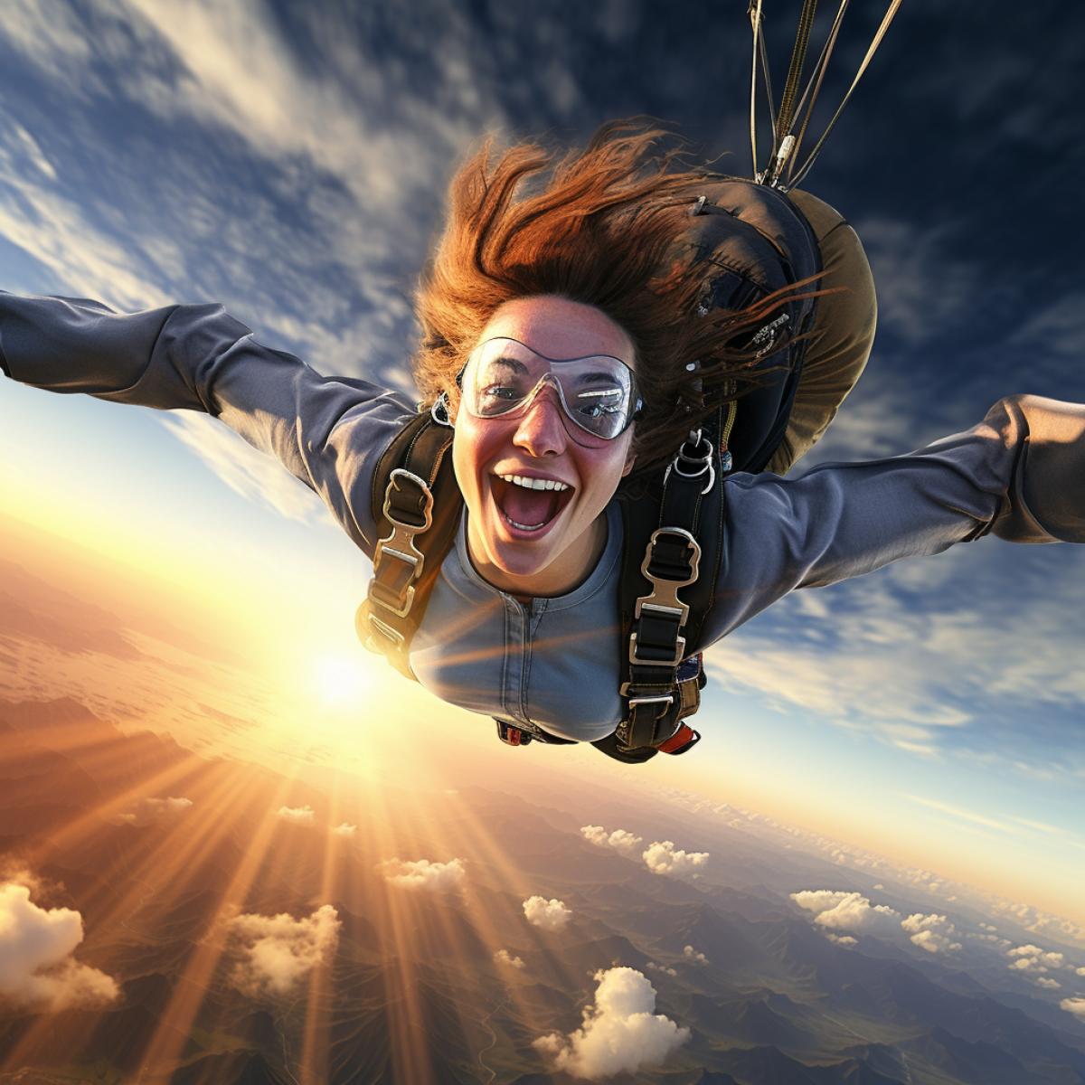 Sky, skydiver, free fall, flight, beauty, sun rays, radiance, enjoyment
