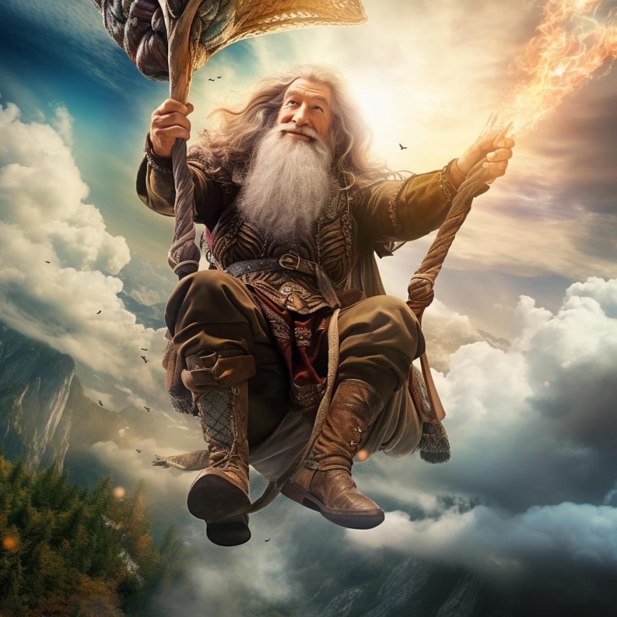 Gandalf is a happy joyful paratrooper, free fall, flight, flies with a staff and casts a spell against the background of a fantasy sky, around castles of clouds and a sky in a fantasy style, high detail, realistic photo