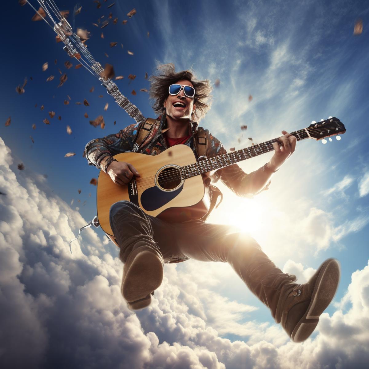 Stylish charismatic rocker skydiver, flying, free fall, parachute visible, playing guitar, happy, sky, sun rays, beauty, glow, realistic photo