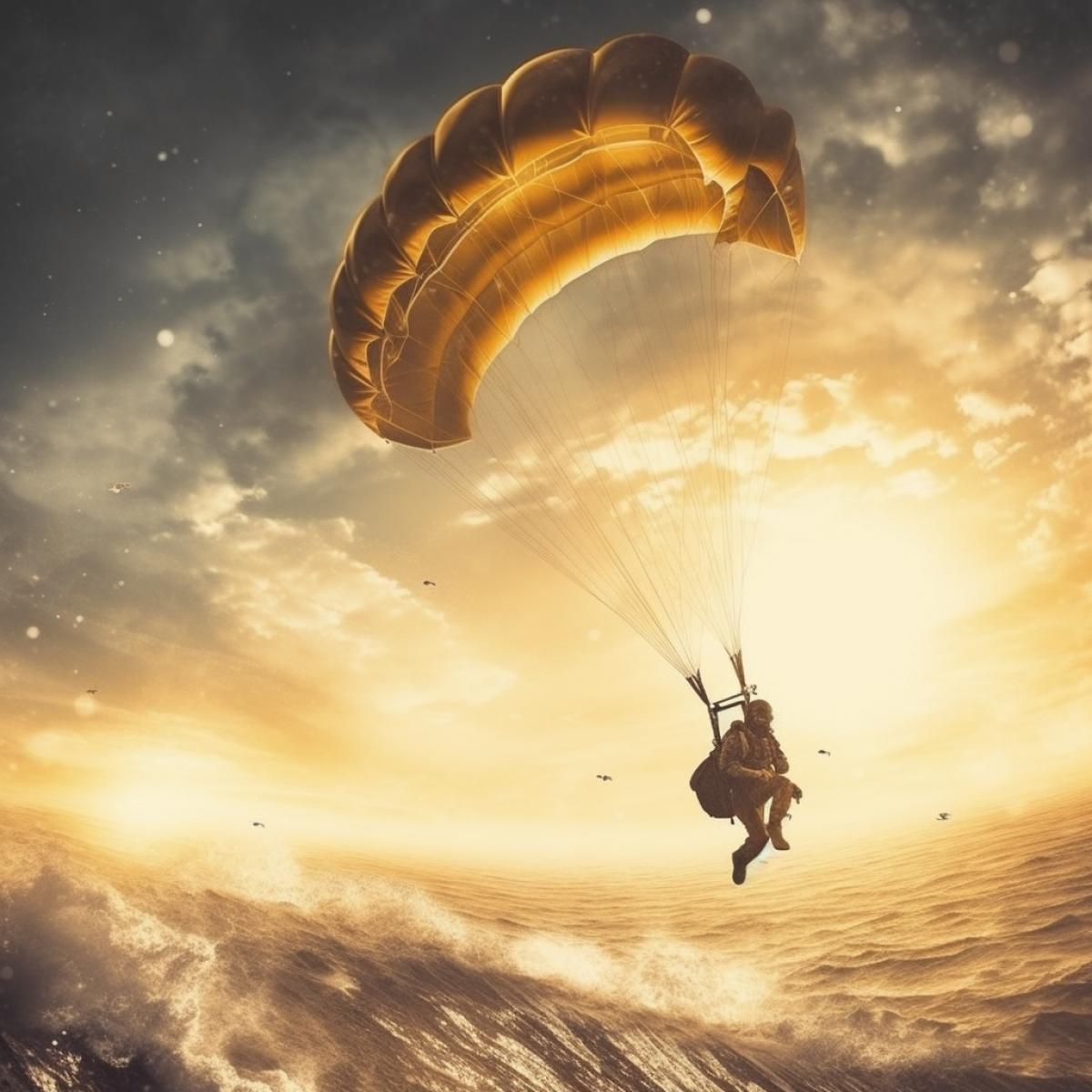 handsome man with parachute, free fall, learning process, horizon, ocean, sun, interesting