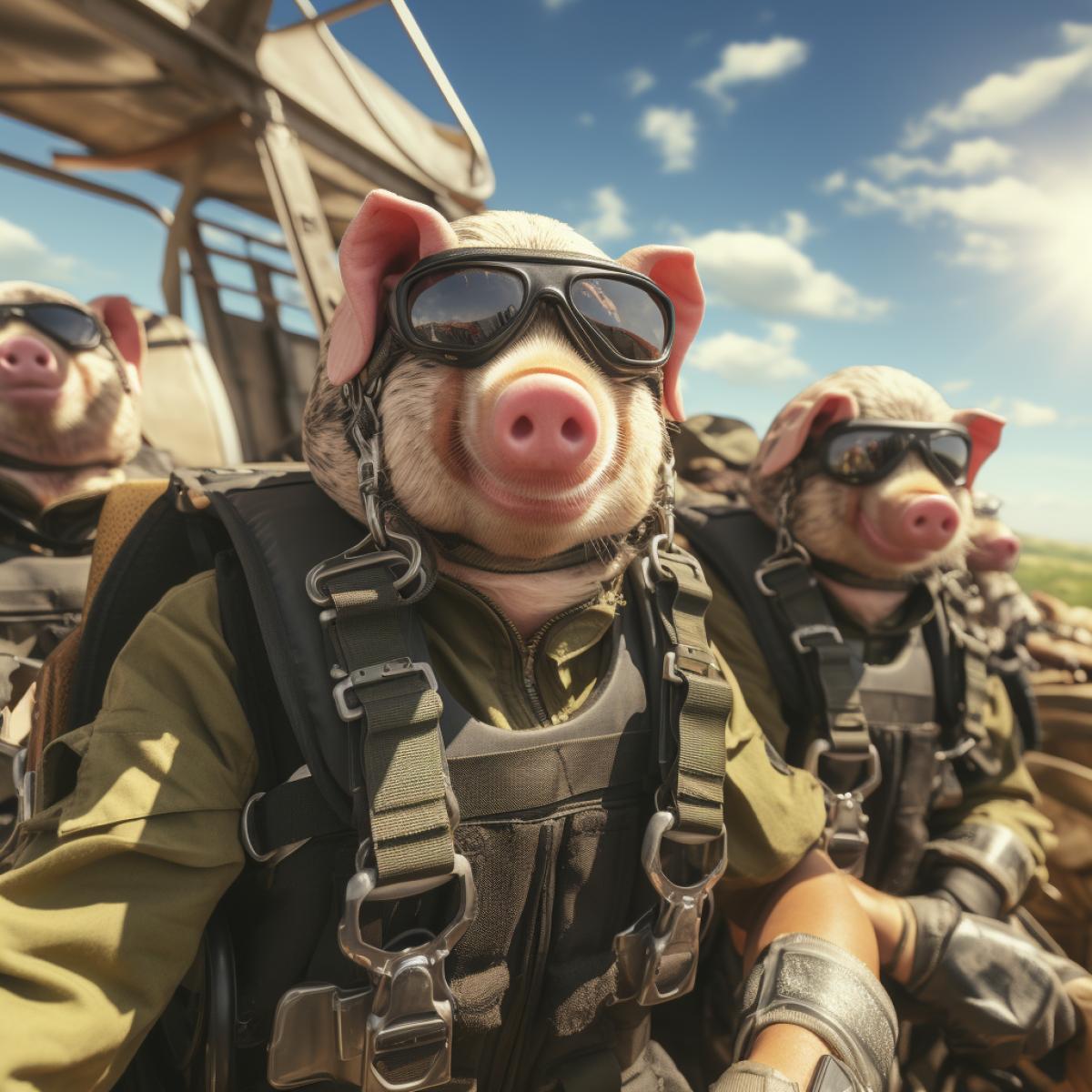 Realistic photo, Three little pigs parachute, below is a beautiful bucolic landscape, above is a white parachute, blue sky with white light clouds, joy, delight, happiness, interest, curiosity