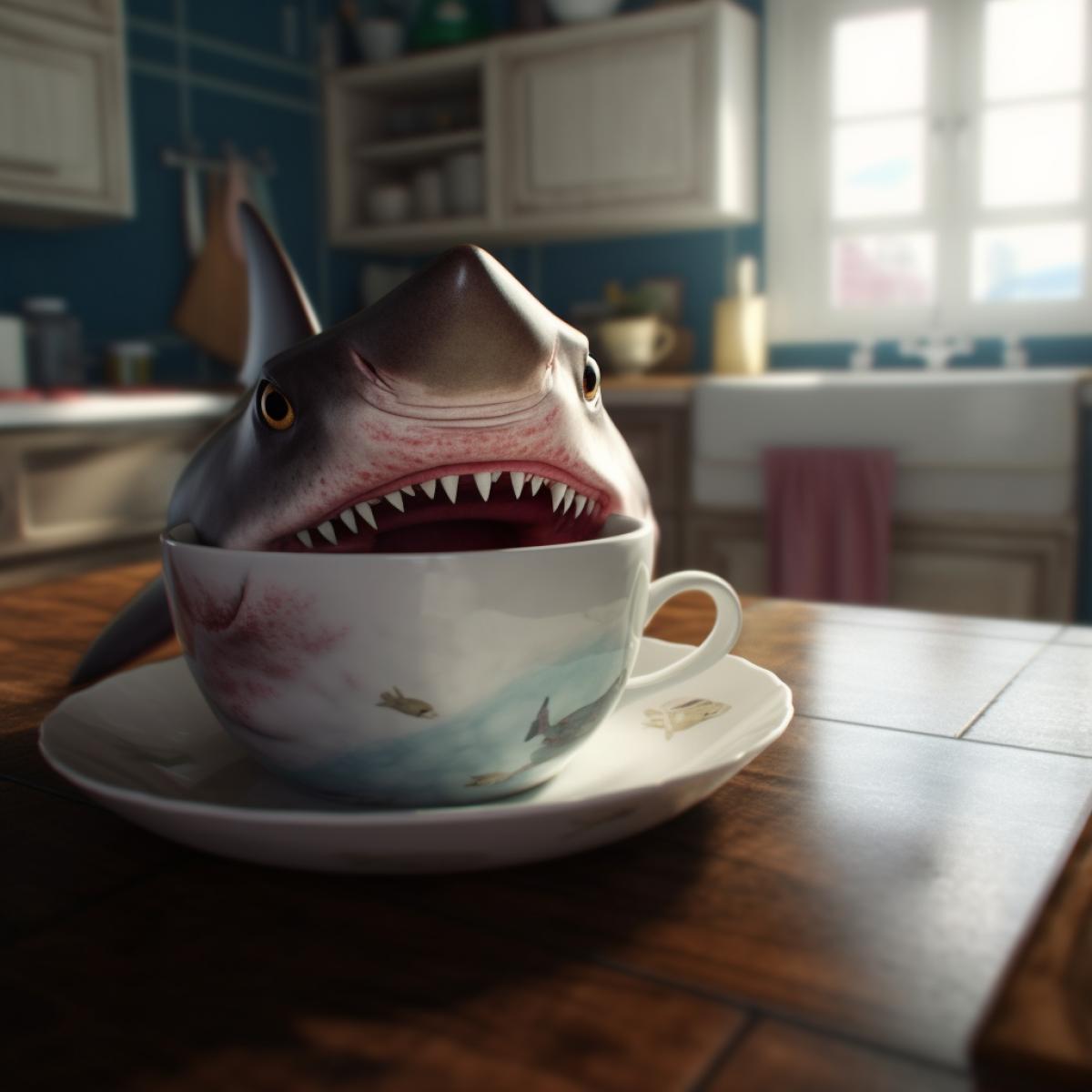 A shark swims in a cup of tea, realistic, good quality photo