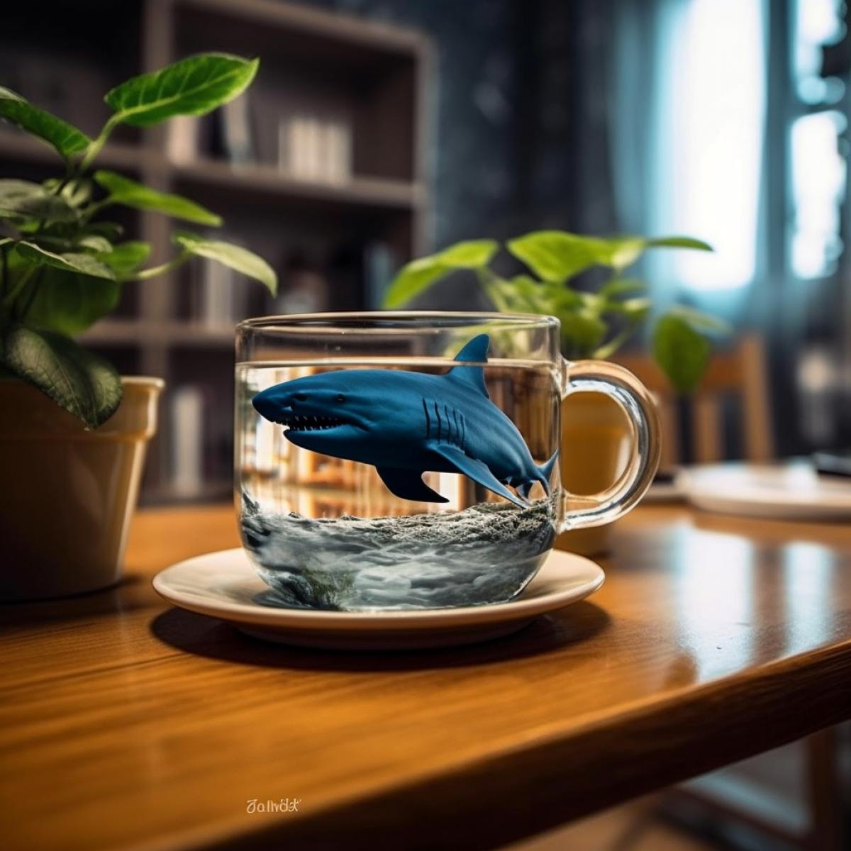 A shark swims in a cup of tea, realistic, good quality photo
