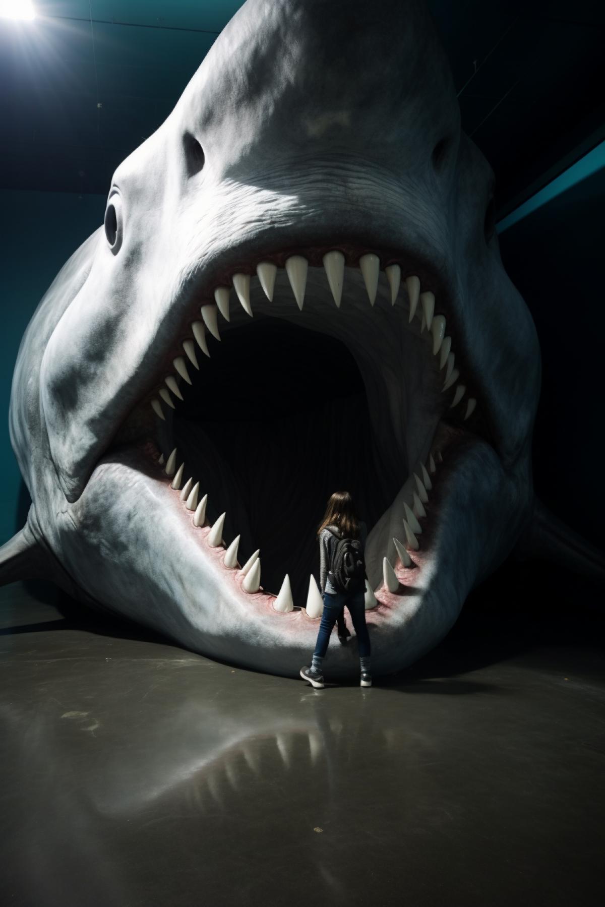a girl in sharks mouth, gigantic scale