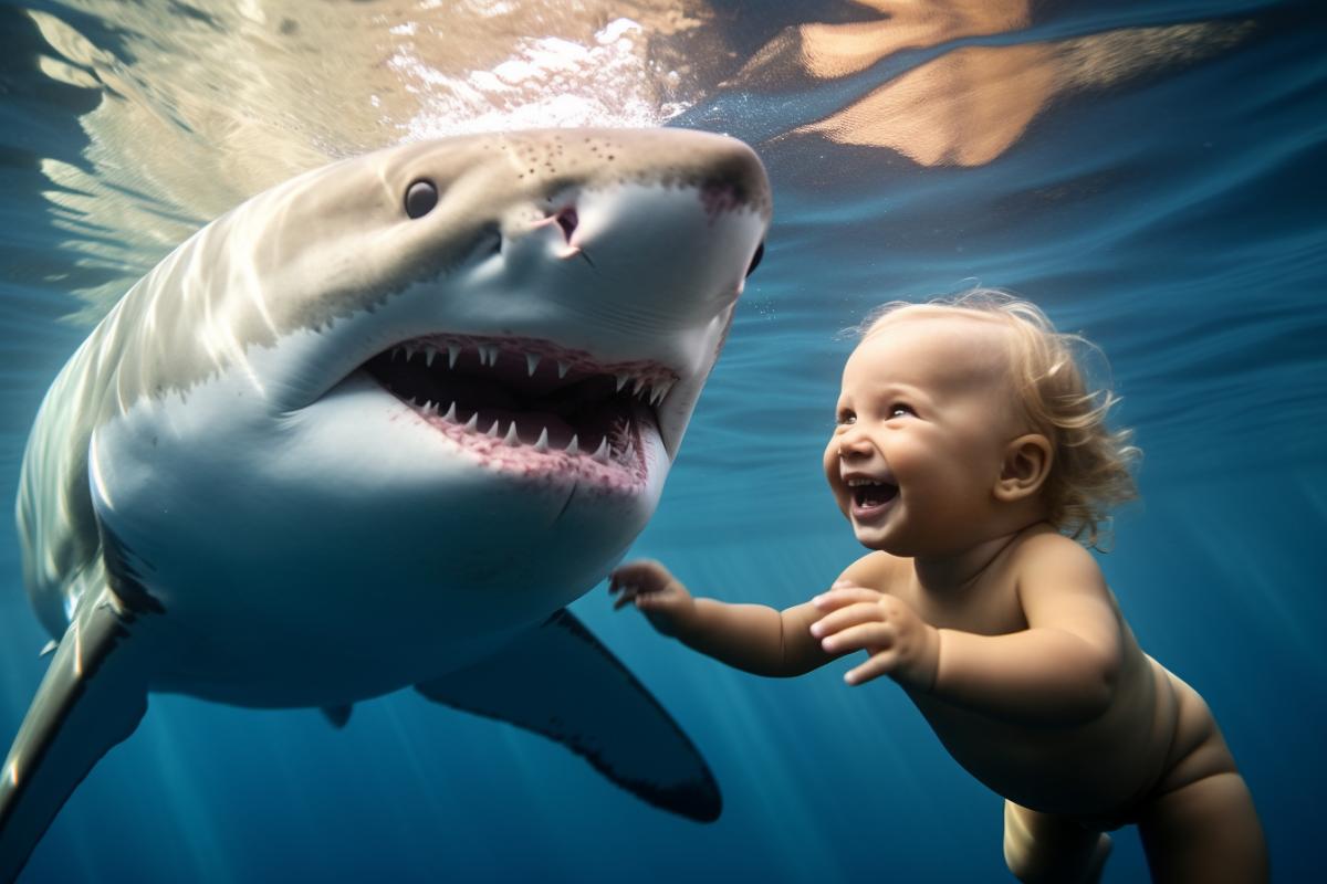 a photo of a baby and a white shark swimming together underwater, photo by national geographic