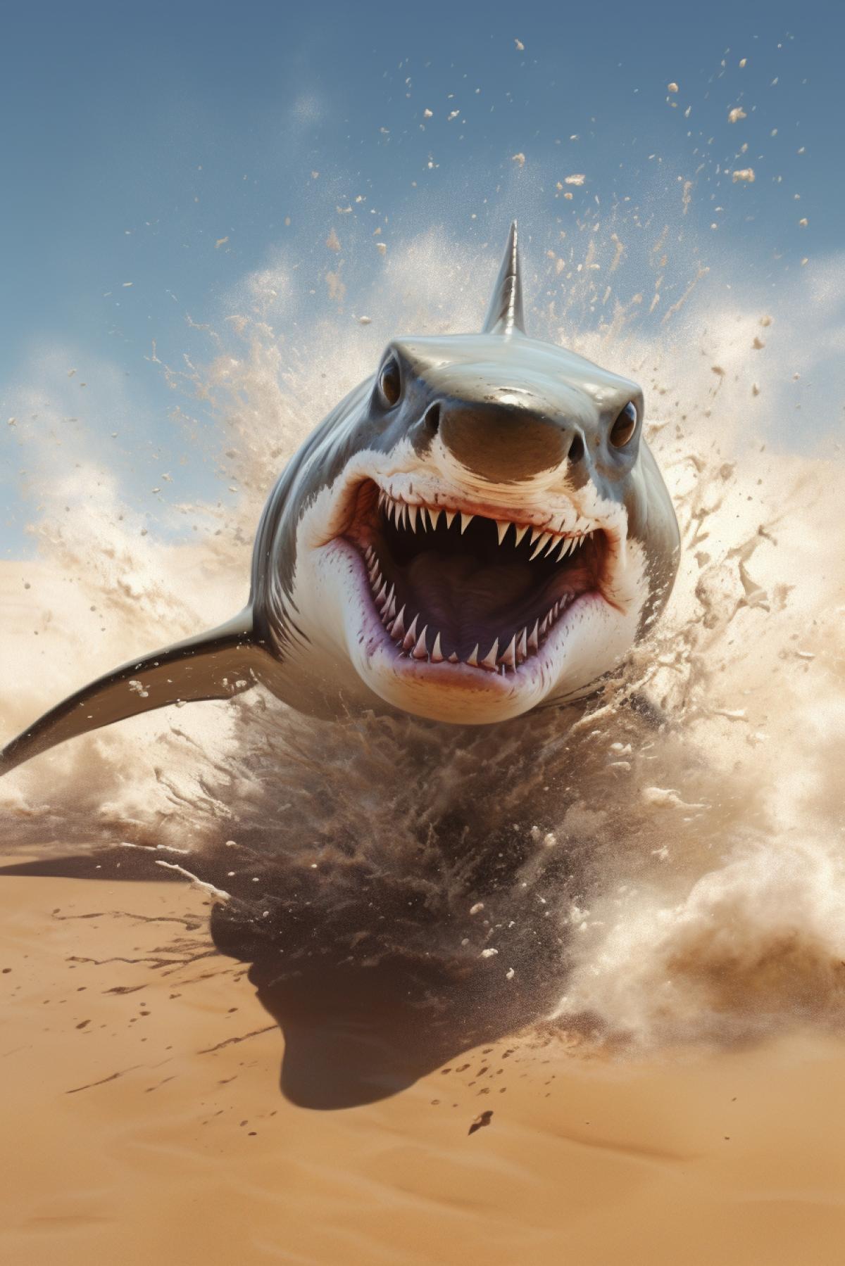 A Shark in the desert Sand Sputtering, Ferocious, Fast Swim, Jump