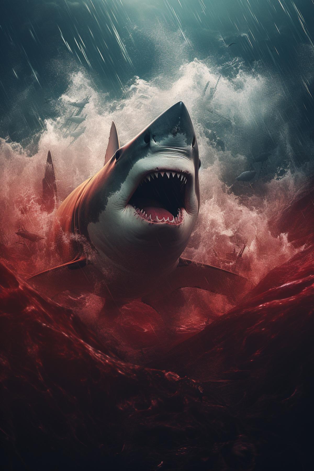 a great white shark illustration, red ocean waters, cinematic, moody, Desktop HD Wallpaper