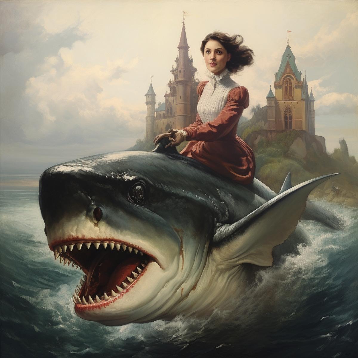 a beautiful Italian woman riding a shark