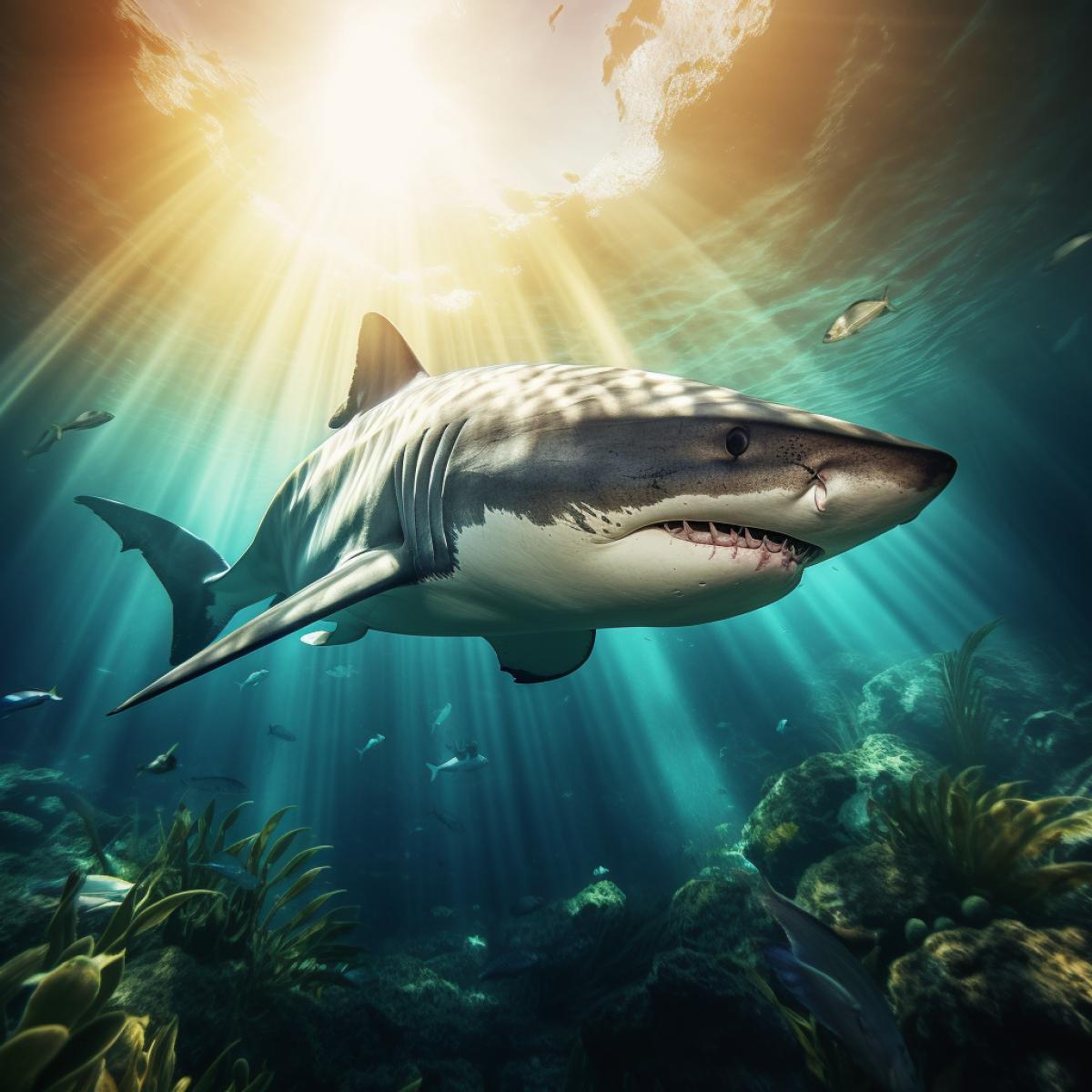 Powerful mysterious shark, grandiose, impressive, the strength and power of the ocean, grandeur and mystery, rays of the sun through the water, realistic photo, high detail