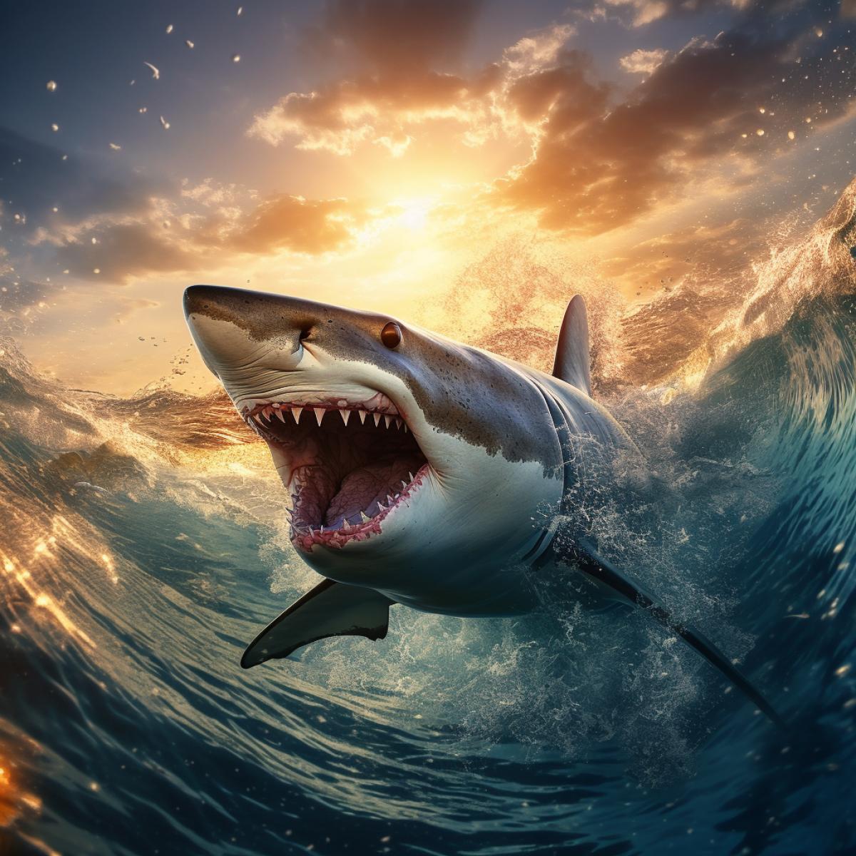 A powerful shark cuts a wave, side view partially underwater, ocean, beautiful sunset, rays in the water, mysterious underwater world, high detail, realistic photo