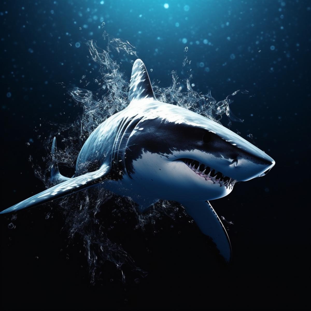 Dangerous beautiful mysterious shark, ocean, realistic, water splashes, radiance, beauty