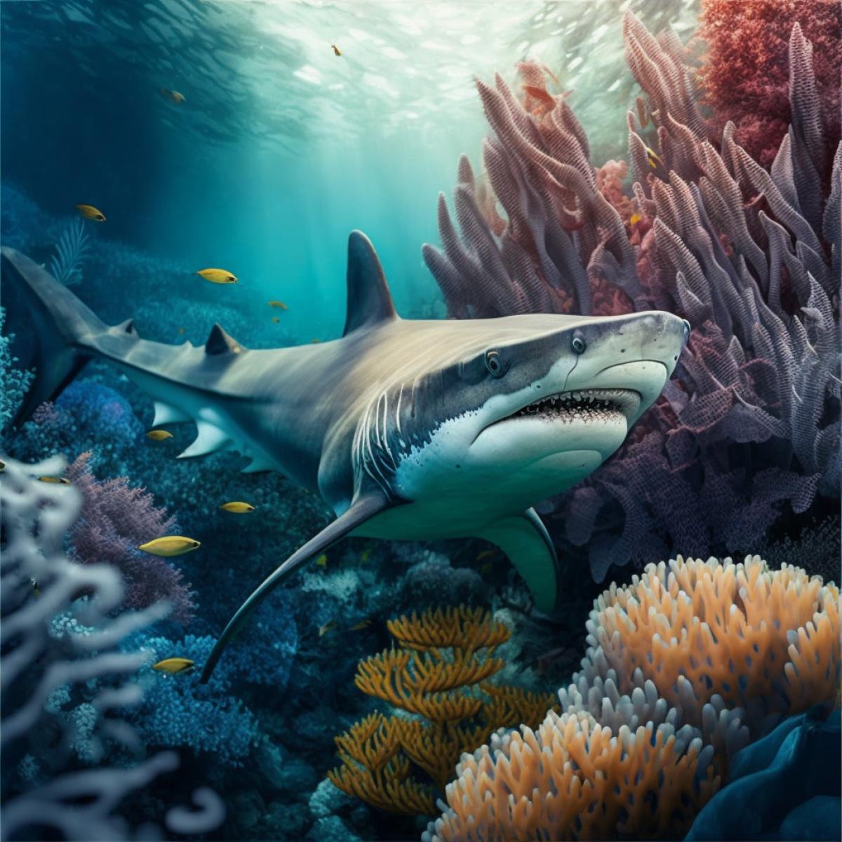 Beautiful mysterious shark, incredible underwater world of the ocean, corals, high resolution, high detail, realistic,