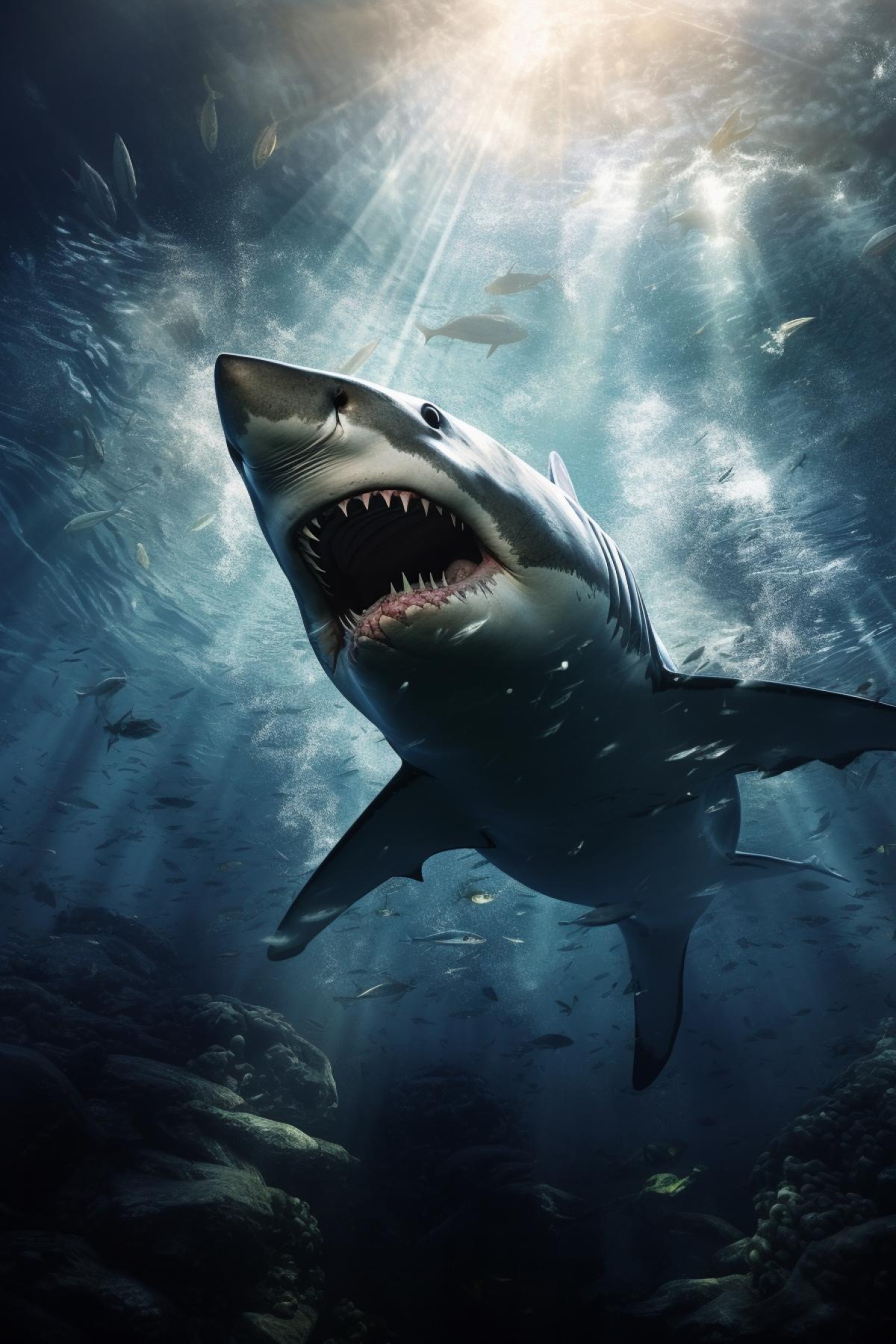 an shark under the water, in the style of prehistoricore, duckcore, whistlerian, photo-realistic techniques, dansaekhwa, transavanguardia