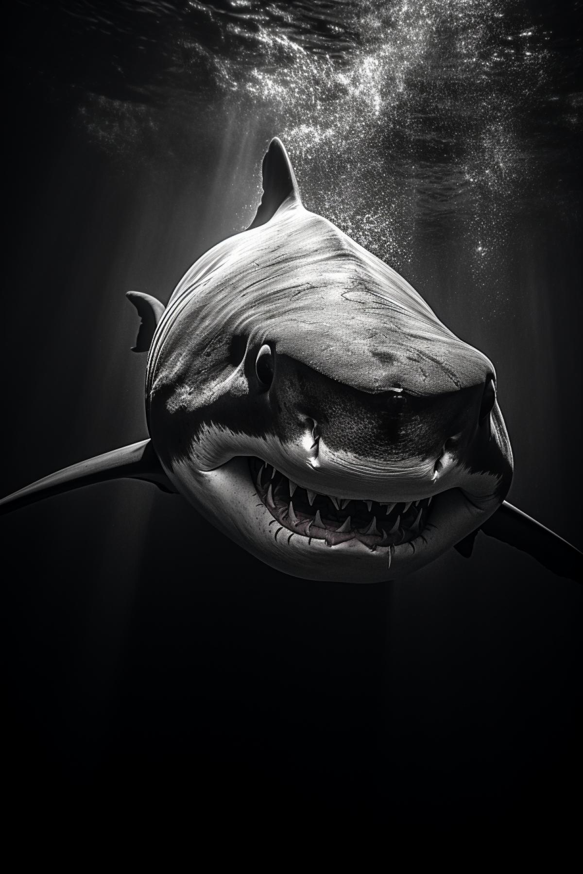 a dark shark is standing in water, in the style of film noir aesthetic, tamron sp 70-200mm f/2.8 di vc usd g2, moody chiaroscuro lighting, shiny eyes, monochromatic masterpieces, elegant, emotive faces, rim light